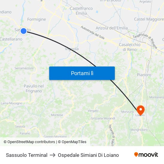 Sassuolo Terminal to Ospedale Simiani Di Loiano map