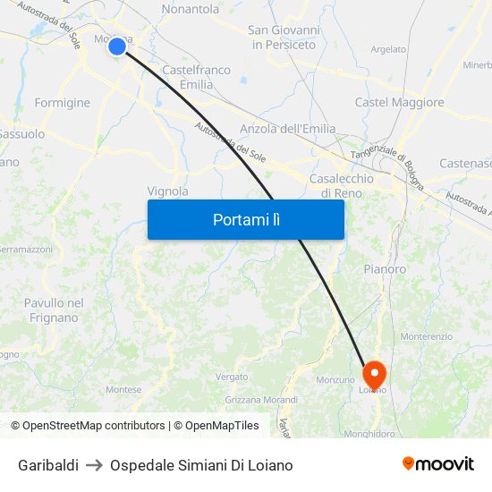 Garibaldi to Ospedale Simiani Di Loiano map