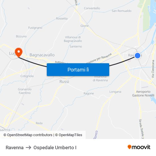 Ravenna to Ospedale Umberto I map