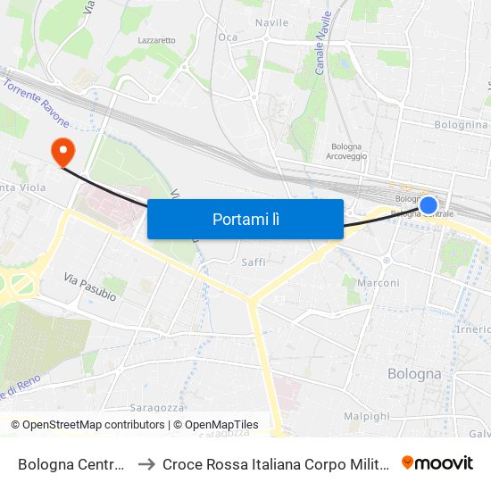 Bologna Centrale to Croce Rossa Italiana Corpo Militare map