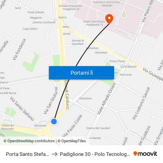 Porta Santo Stefano to Padiglione 30 - Polo Tecnologico map