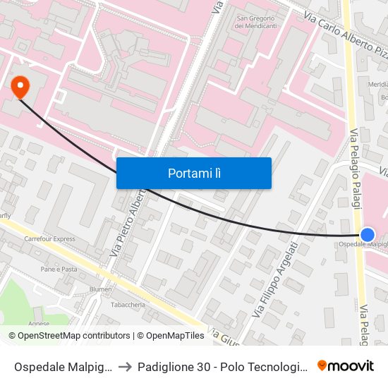 Ospedale Malpighi to Padiglione 30 - Polo Tecnologico map