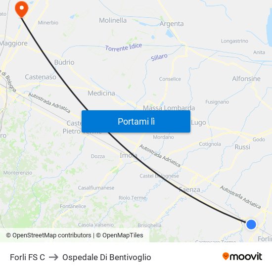 Forli FS C to Ospedale Di Bentivoglio map