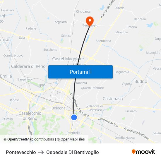 Pontevecchio to Ospedale Di Bentivoglio map