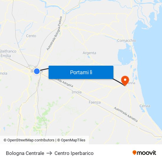Bologna Centrale to Centro Iperbarico map