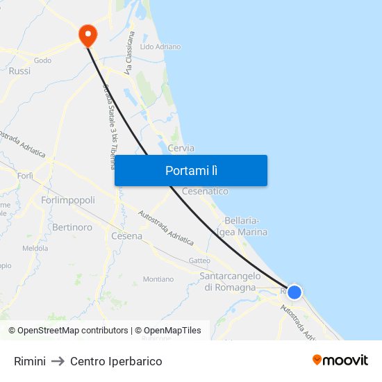 Rimini to Centro Iperbarico map