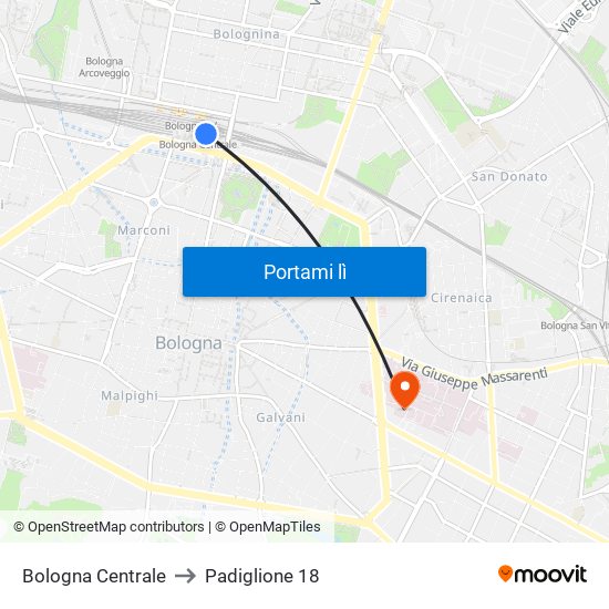 Bologna Centrale to Padiglione 18 map