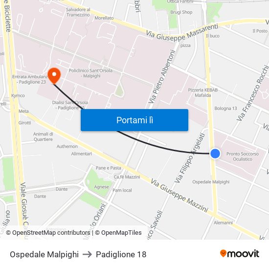 Ospedale Malpighi to Padiglione 18 map