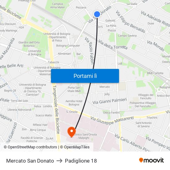 Mercato San Donato to Padiglione 18 map