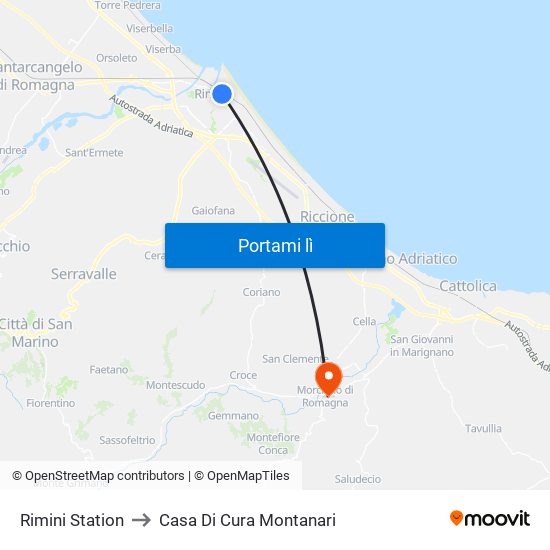 Rimini Station to Casa Di Cura Montanari map