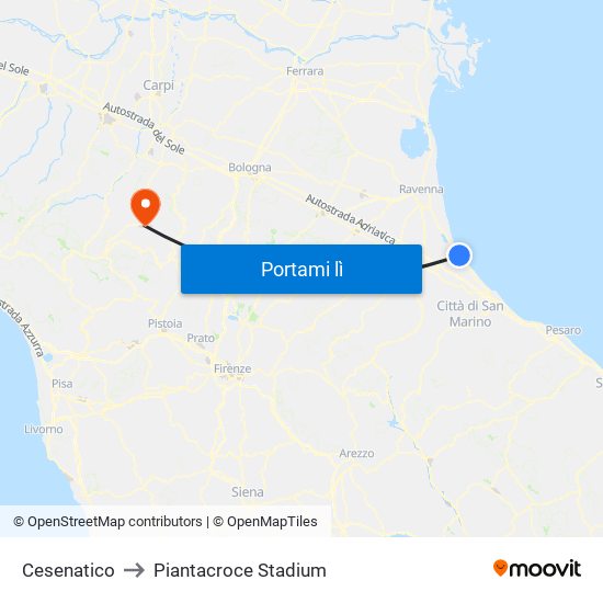 Cesenatico to Piantacroce Stadium map