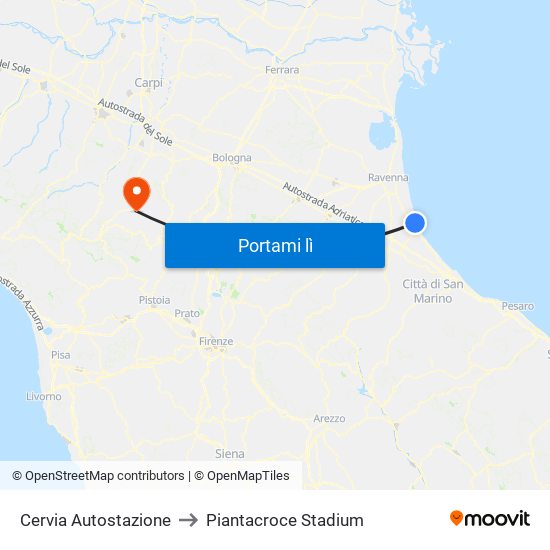 Cervia Autostazione to Piantacroce Stadium map