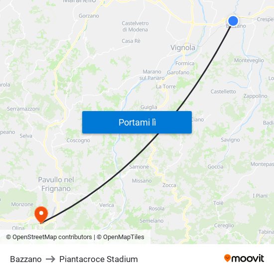 Bazzano to Piantacroce Stadium map
