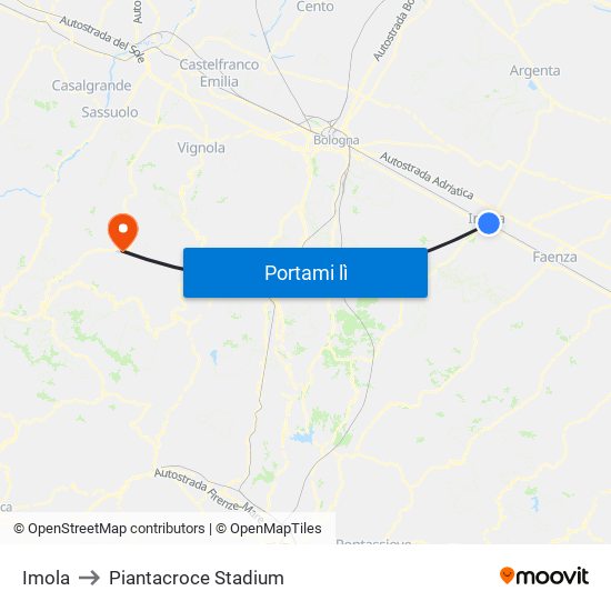 Imola to Piantacroce Stadium map