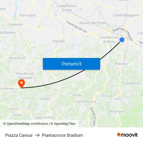 Piazza Cavour to Piantacroce Stadium map