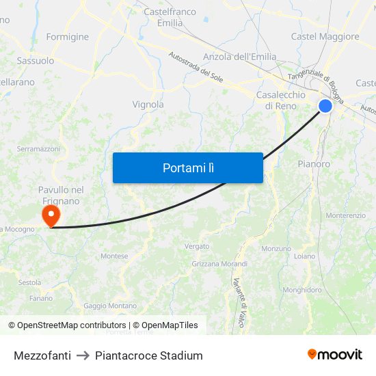Mezzofanti to Piantacroce Stadium map