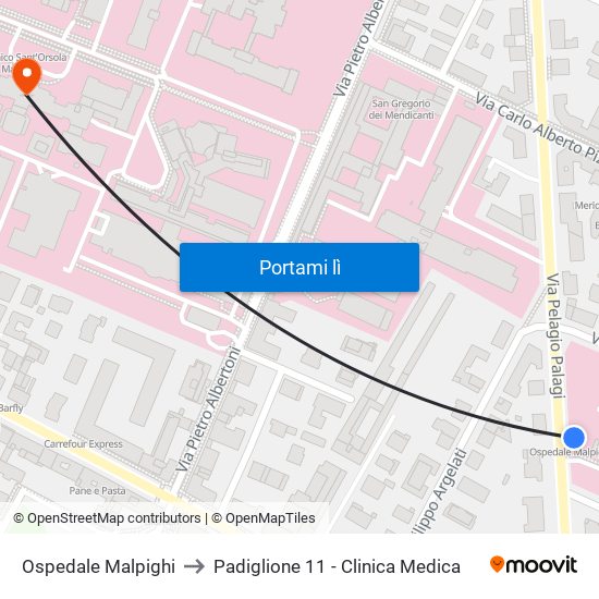 Ospedale Malpighi to Padiglione 11 - Clinica Medica map