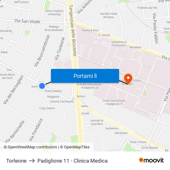 Torleone to Padiglione 11 - Clinica Medica map