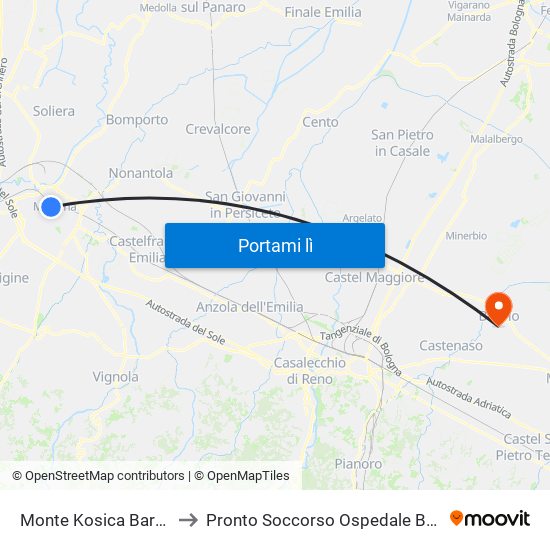 Monte Kosica Barozzi to Pronto Soccorso Ospedale Budrio map