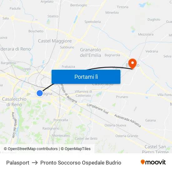 Riva Di Reno - Lame to Pronto Soccorso Ospedale Budrio map