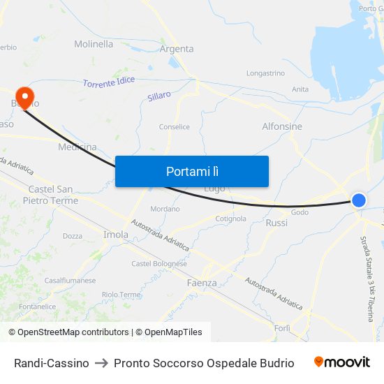 Randi-Cassino to Pronto Soccorso Ospedale Budrio map