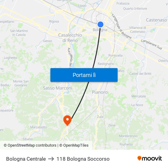Bologna Centrale to 118 Bologna Soccorso map