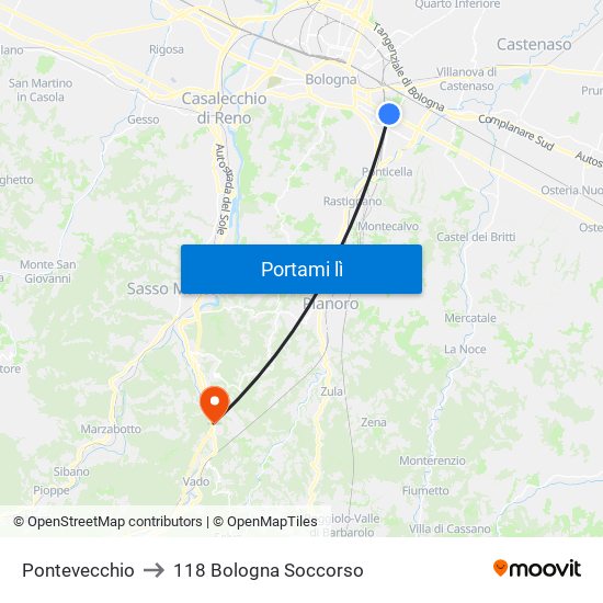 Pontevecchio to 118 Bologna Soccorso map