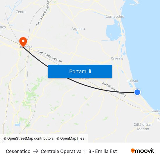 Cesenatico to Centrale Operativa 118 - Emilia Est map