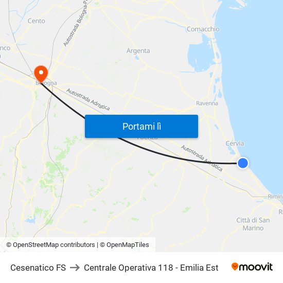 Cesenatico FS to Centrale Operativa 118 - Emilia Est map