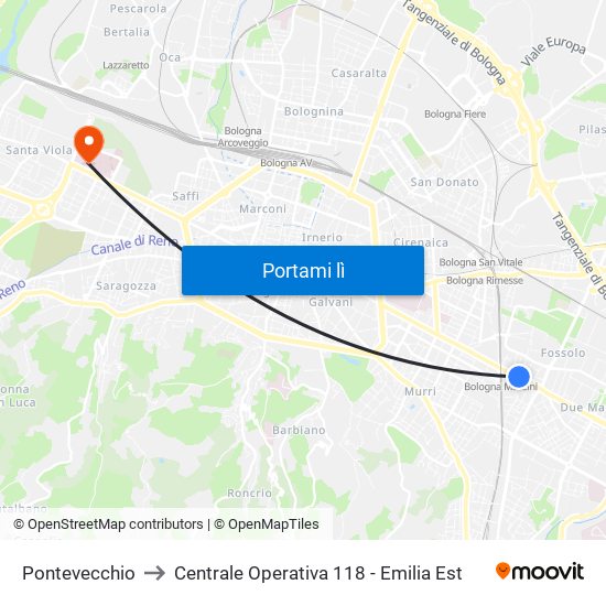 Pontevecchio to Centrale Operativa 118 - Emilia Est map