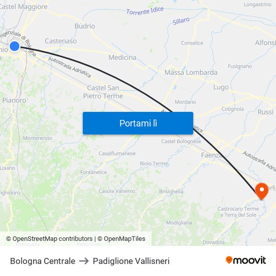 Bologna Centrale to Padiglione Vallisneri map