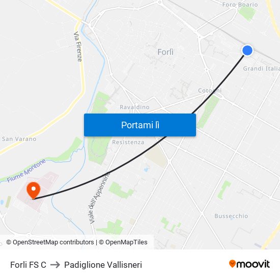 Forli FS C to Padiglione Vallisneri map