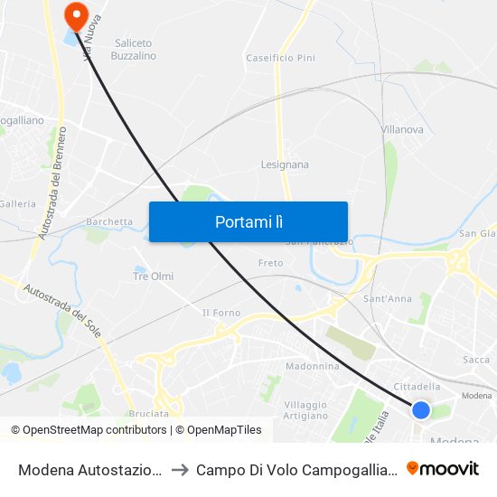 Modena Autostazione to Campo Di Volo Campogalliano map