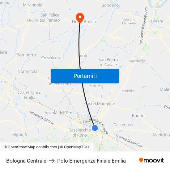 Bologna Centrale to Polo Emergenze Finale Emilia map