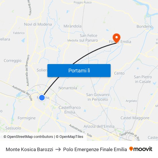 Monte Kosica Barozzi to Polo Emergenze Finale Emilia map