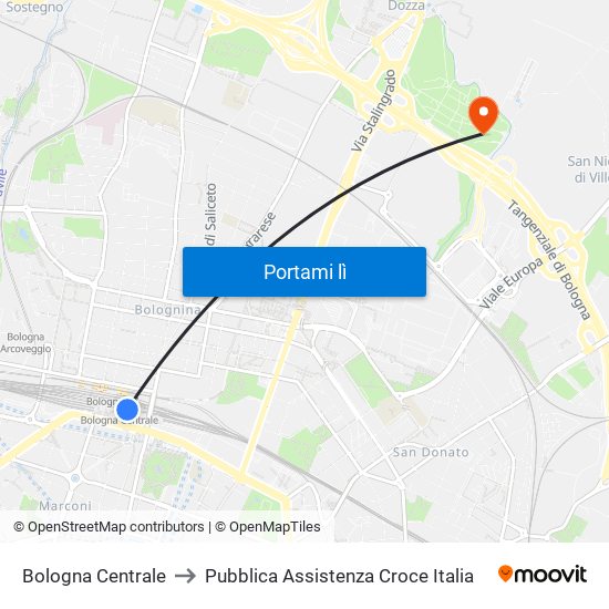 Bologna Centrale to Pubblica Assistenza Croce Italia map