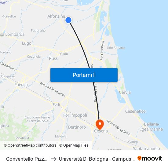 Conventello Pizzeria Cz to Università Di Bologna - Campus Di Cesena map