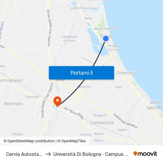 Cervia Autostazione to Università Di Bologna - Campus Di Cesena map