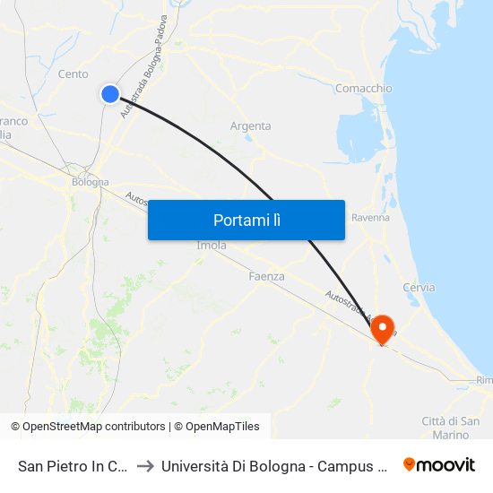 San Pietro In Casale to Università Di Bologna - Campus Di Cesena map