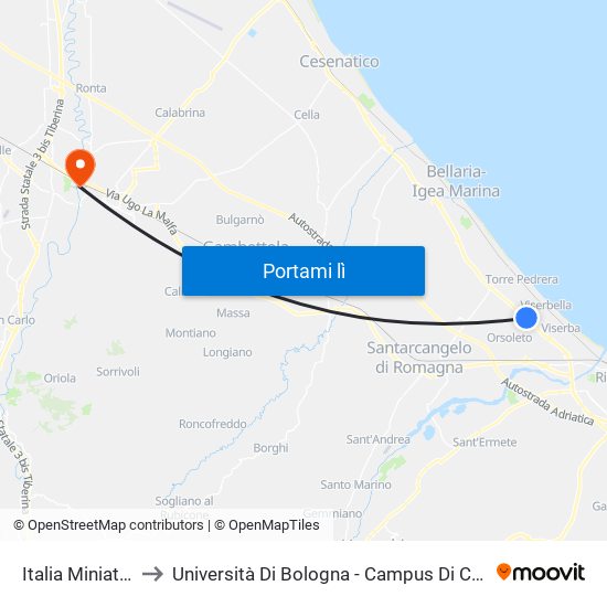 Italia Miniatura to Università Di Bologna - Campus Di Cesena map