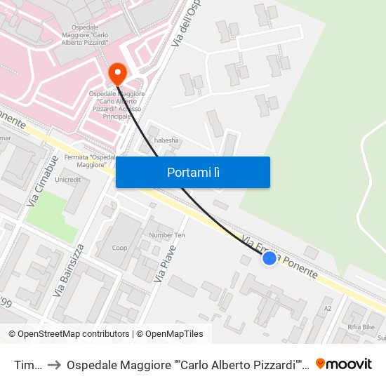 Timavo to Ospedale Maggiore ""Carlo Alberto Pizzardi"" Accesso Principale map