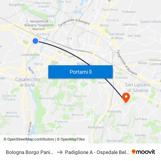 Bologna Borgo Panigale to Padiglione A - Ospedale Bellaria map