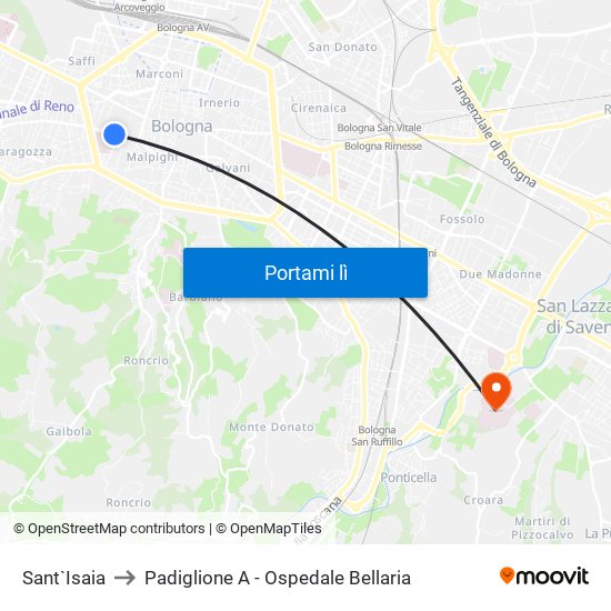 Sant`Isaia to Padiglione A - Ospedale Bellaria map