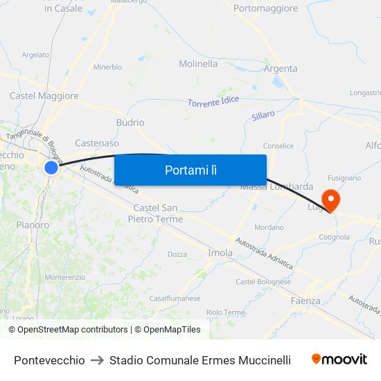 Pontevecchio to Stadio Comunale Ermes Muccinelli map