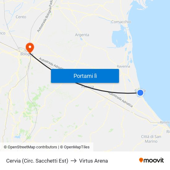 Cervia (Circ. Sacchetti Est) to Virtus Arena map