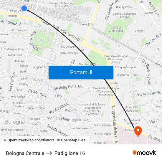 Bologna Centrale to Padiglione 16 map