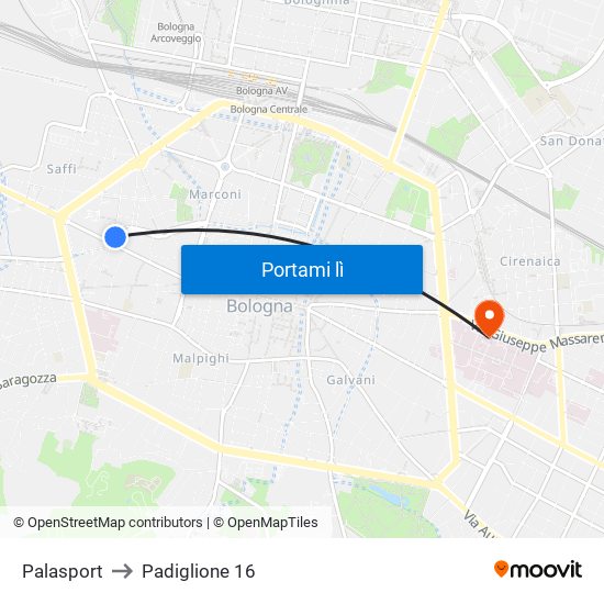 Palasport to Padiglione 16 map