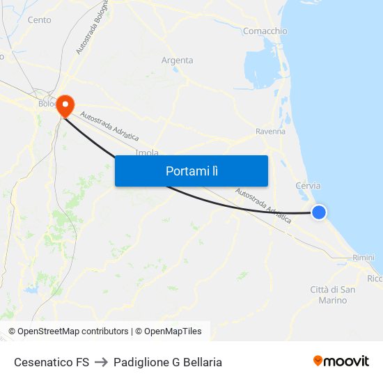 Cesenatico FS to Padiglione G Bellaria map