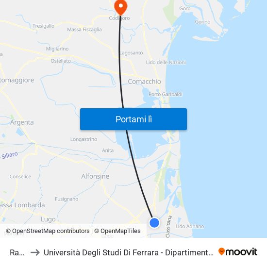 Ravenna to Università Degli Studi Di Ferrara - Dipartimento Di Infermieristica - Sede Di Codigoro map