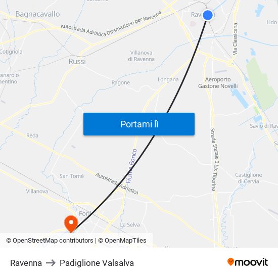 Ravenna to Padiglione Valsalva map